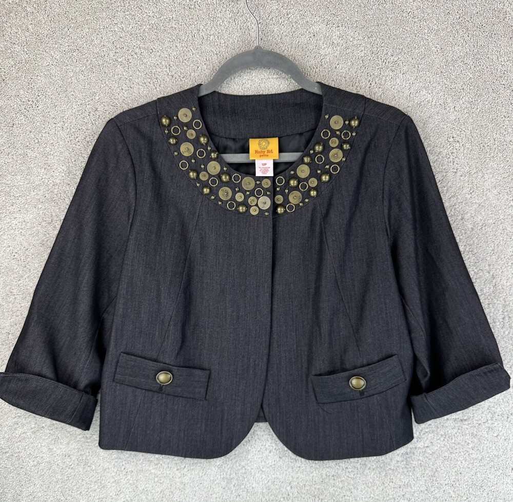 Ruby Rd. Short Jacket Womens 12P Black Button Sequins Preppy Classic